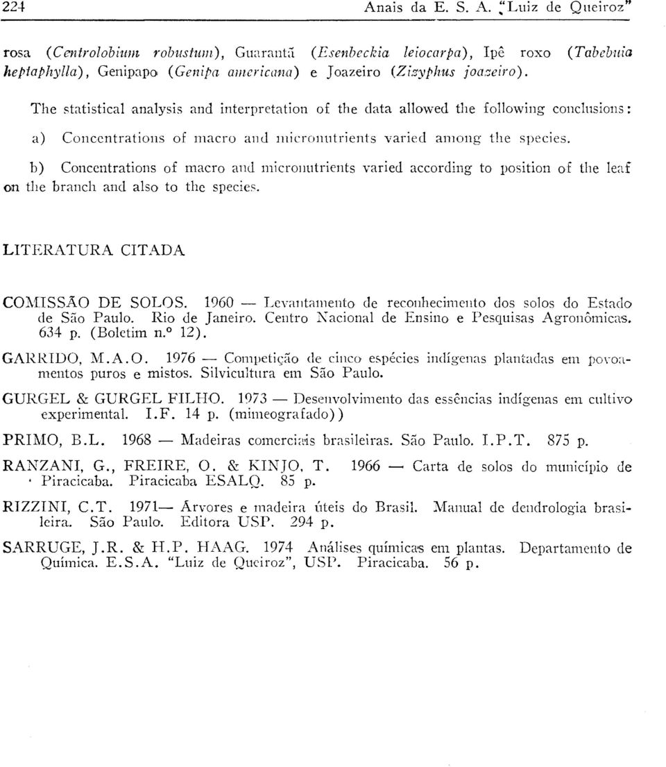 b) Concentrations of macro and micronutrients varied according to position of the leaf on the branch and also to the species. LITERATURA CITADA COMISSÃO DE SOLOS.