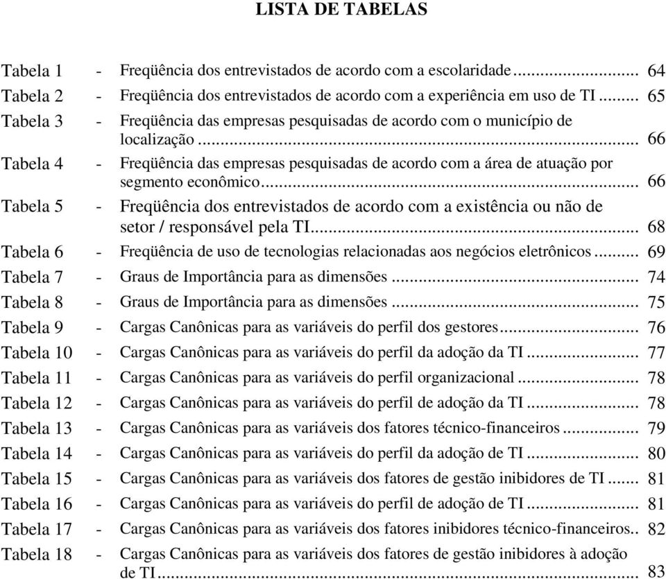 .. 66 Tabela 5 - Freqüência dos entrevistados de acordo com a existência ou não de setor / responsável pela TI... 68 Tabela 6 - Freqüência de uso de tecnologias relacionadas aos negócios eletrônicos.