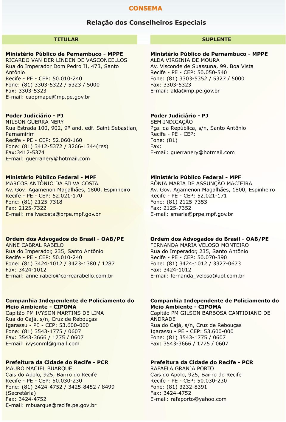 Visconde de Suassuna, 99, Boa Vista Fone: (81) 3303-5352 / 5327 / 5000 Fax: 3303-5323 E-mail: alda@mp.pe.gov.br Poder Judiciário - PJ NILSON GUERRA NERY Rua Estrada 100, 902, 9º and. edf.