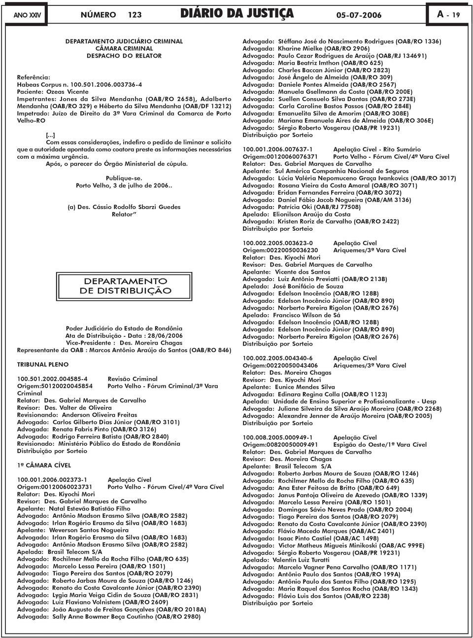 003736-4 Paciente: Ozeas Vicente Impetrantes: Jones da Silva Mendanha (OAB/RO 2658), Adalberto Mendanha (OAB/RO 329) e Héberto da Silva Mendanha (OAB/DF 13212) Impetrado: Juízo de Direito da 3ª Vara