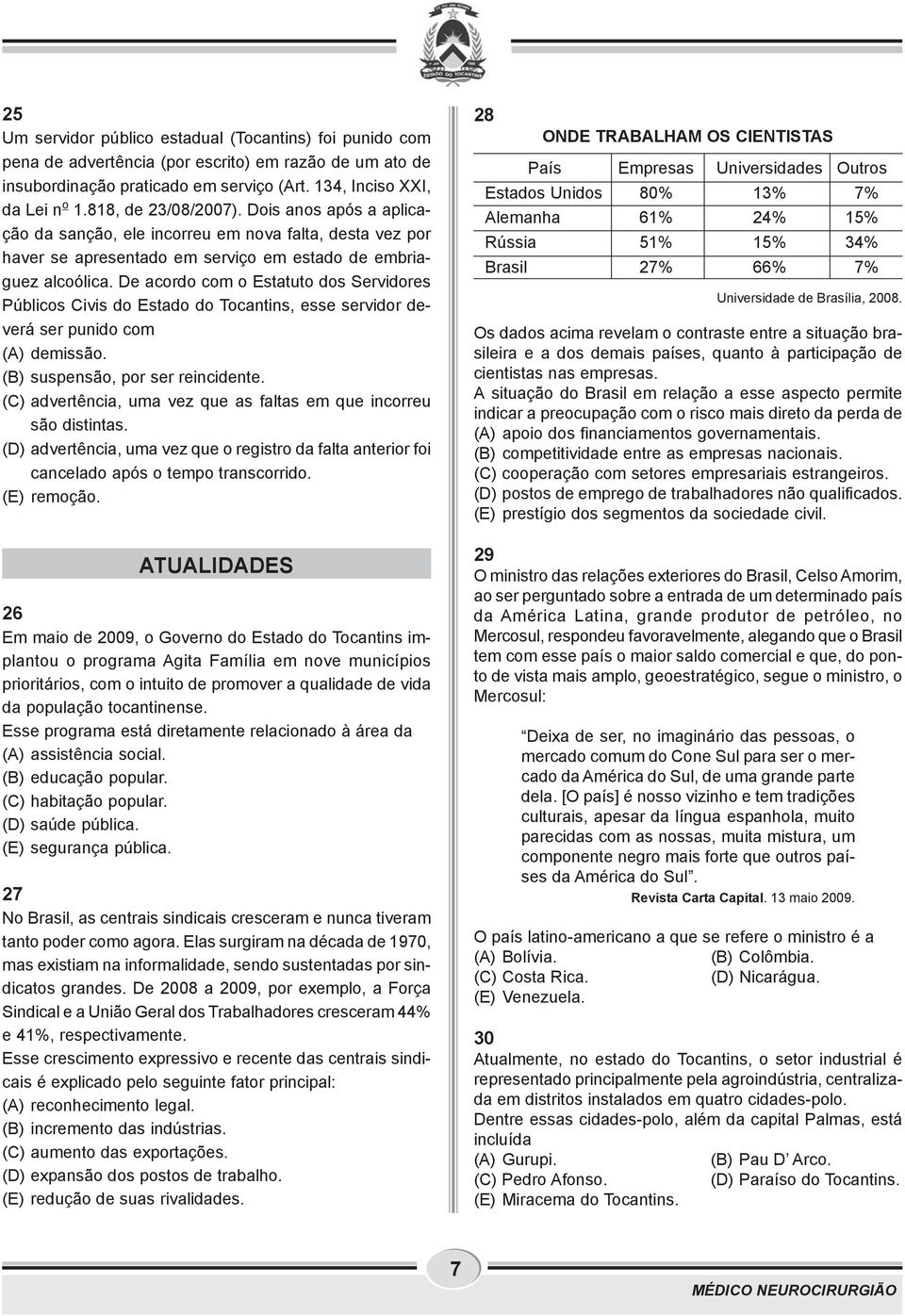 De acordo com o Estatuto dos Servidores Públicos Civis do Estado do Tocantins, esse servidor deverá ser punido com (A) demissão. (B) suspensão, por ser reincidente.