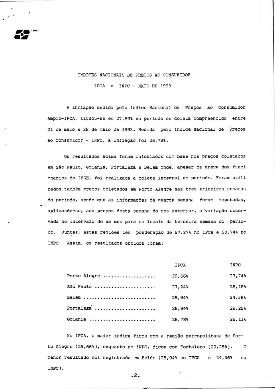 compreendido entre 01 de maio e 28 de maio de 1993. Medida pelo Indice Nacional de Preços ao consumidor - INPC, a inflação foi 26,78%.