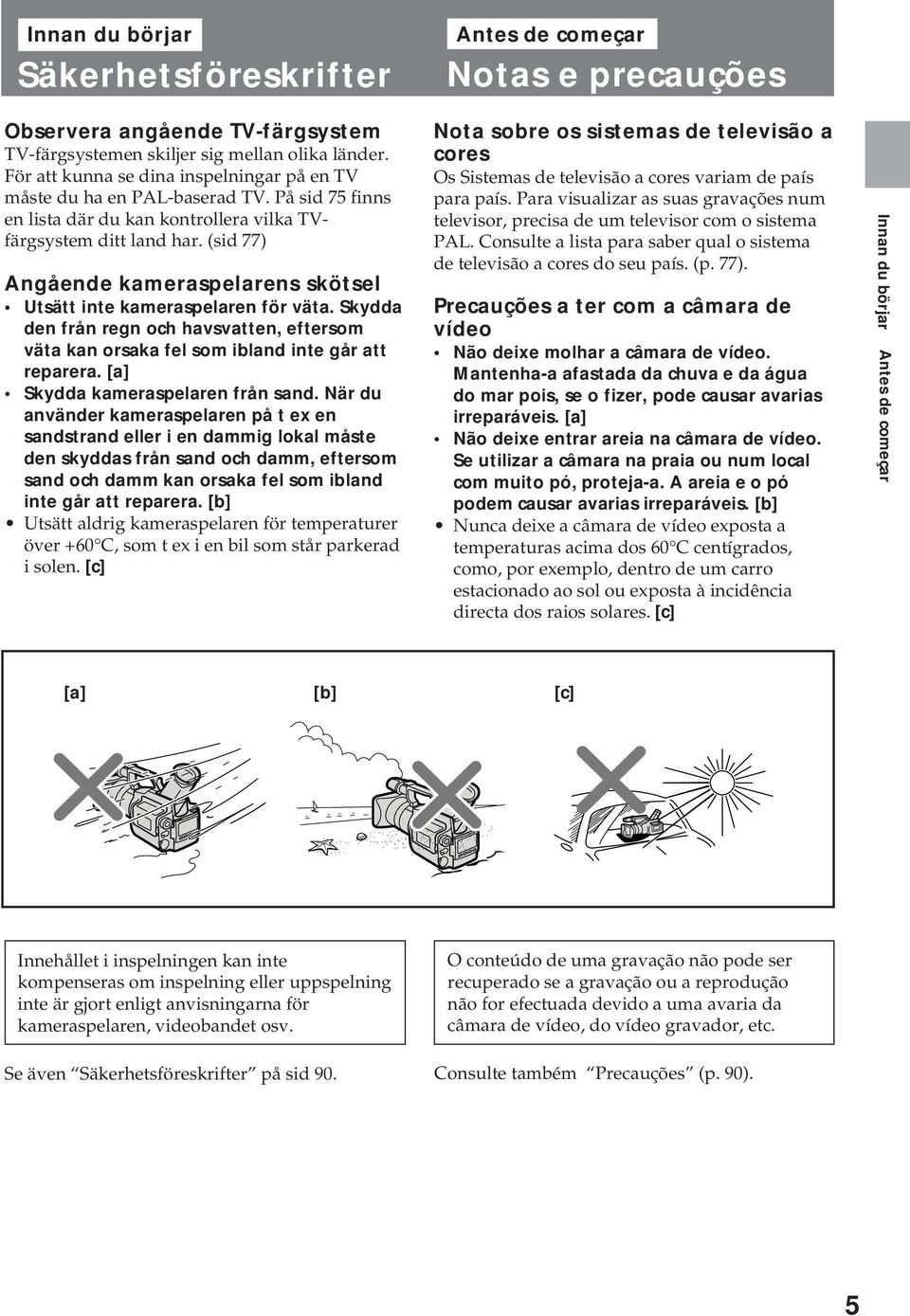 (sid 77) Angående kameraspelarens skötsel Utsätt inte kameraspelaren för väta. Skydda den från regn och havsvatten, eftersom väta kan orsaka fel som ibland inte går att reparera.