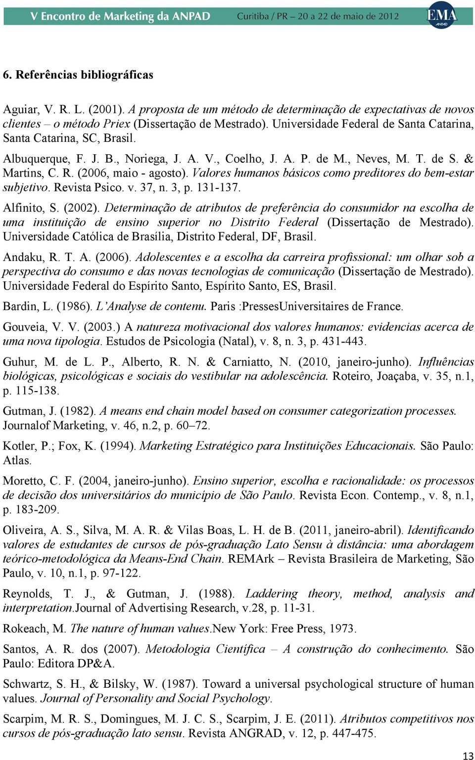 Valores humanos básicos como preditores do bem-estar subjetivo. Revista Psico. v. 37, n. 3, p. 131-137. Alfinito, S. (2002).