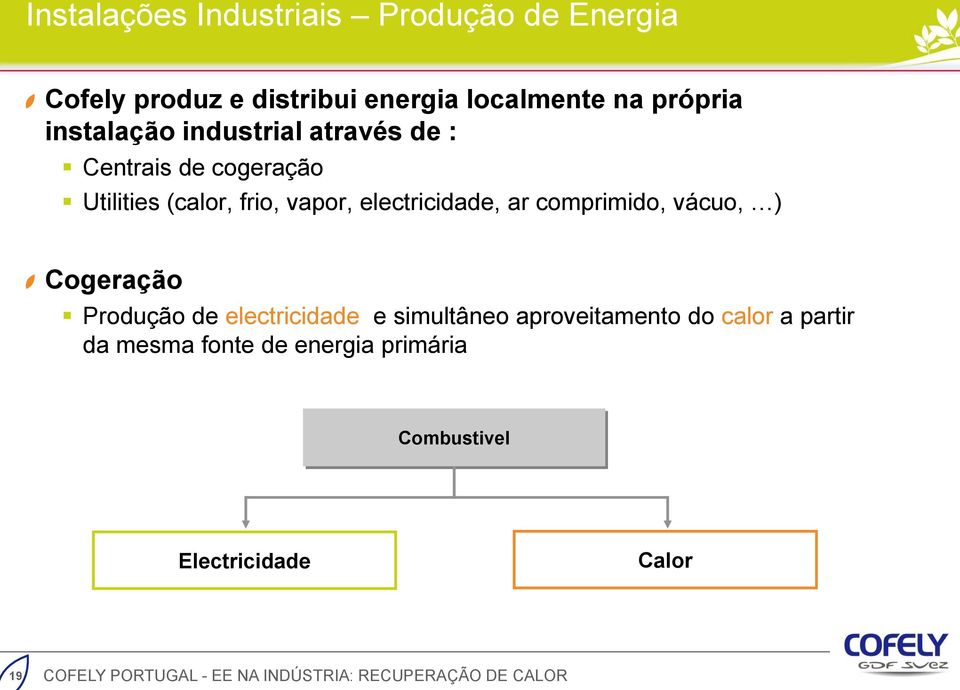 vapor, electricidade, ar comprimido, vácuo, ) Cogeração Produção de electricidade e simultâneo