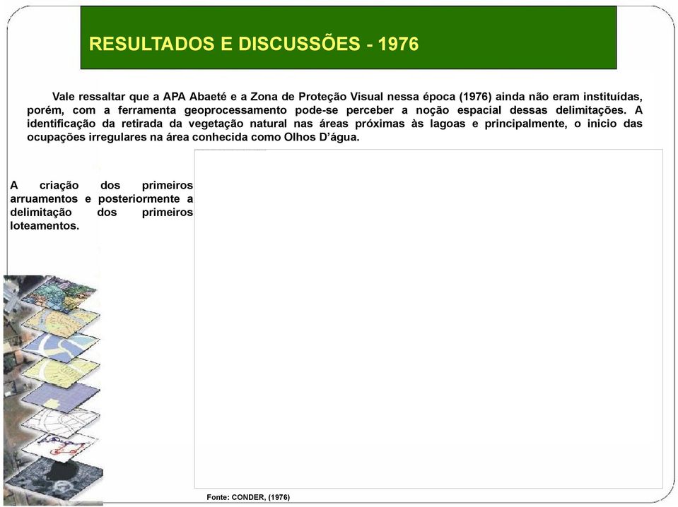 RESULTADOS E DISCUSSÕES - 1976 Vale ressaltar que a APA Abaeté e a Zona de Proteção Visual nessa época (1976) ainda não eram instituídas, porém, com a ferramenta geoprocessamento pode-se perceber