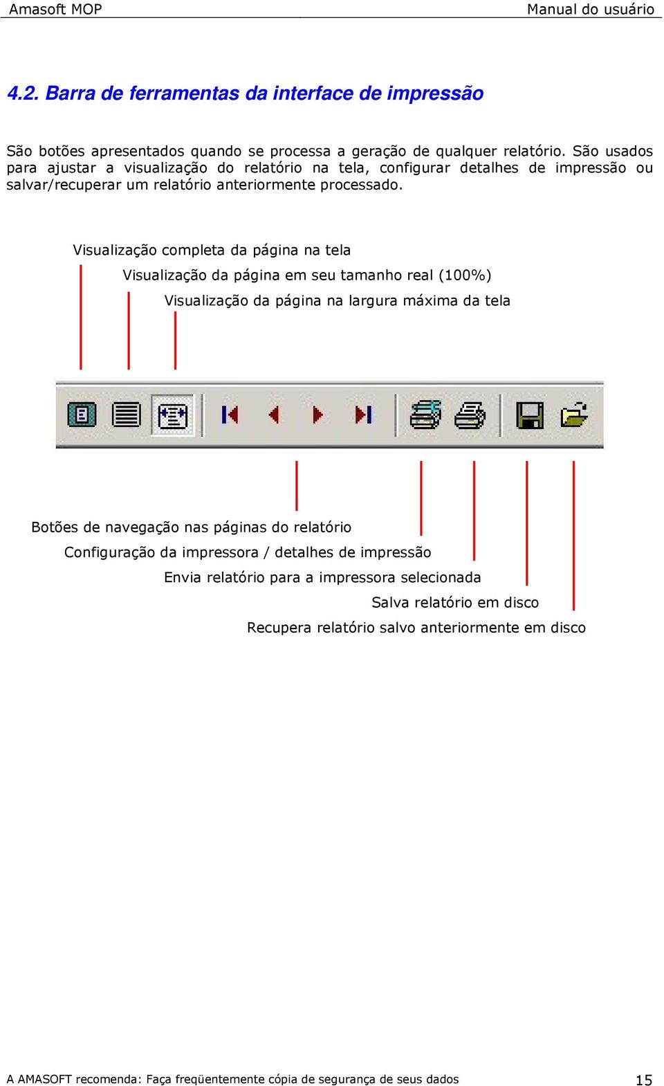 Visualização completa da página na tela Visualização da página em seu tamanho real (100%) Visualização da página na largura máxima da tela Botões de navegação nas páginas do