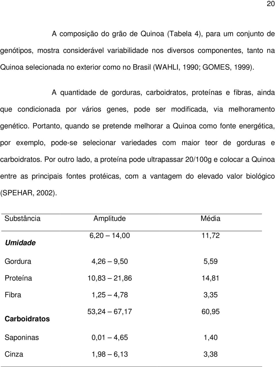 Portanto, quando se pretende melhorar a Quinoa como fonte energética, por exemplo, pode-se selecionar variedades com maior teor de gorduras e carboidratos.