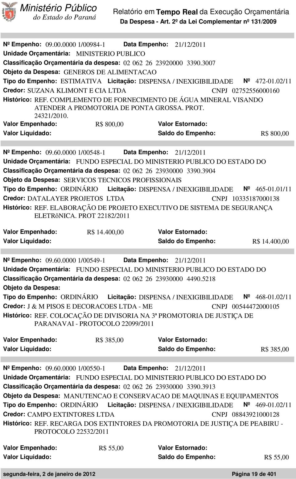 COMPLEMENTO DE FORNECIMENTO DE ÁGUA MINERAL VISANDO ATENDER A PROMOTORIA DE PONTA GROSSA. PROT. 24321/2010.