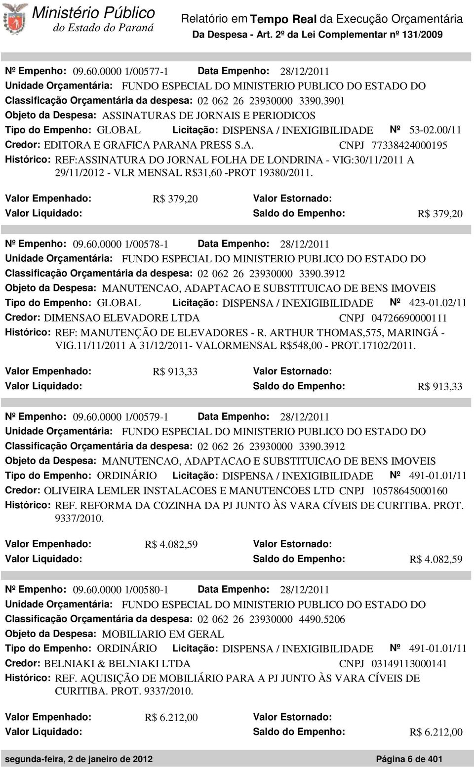 Valor Empenhado: R$ 379,20 Valor Estornado: Valor Liquidado: Saldo do Empenho: R$ 379,20 Nº Empenho: 09.60.