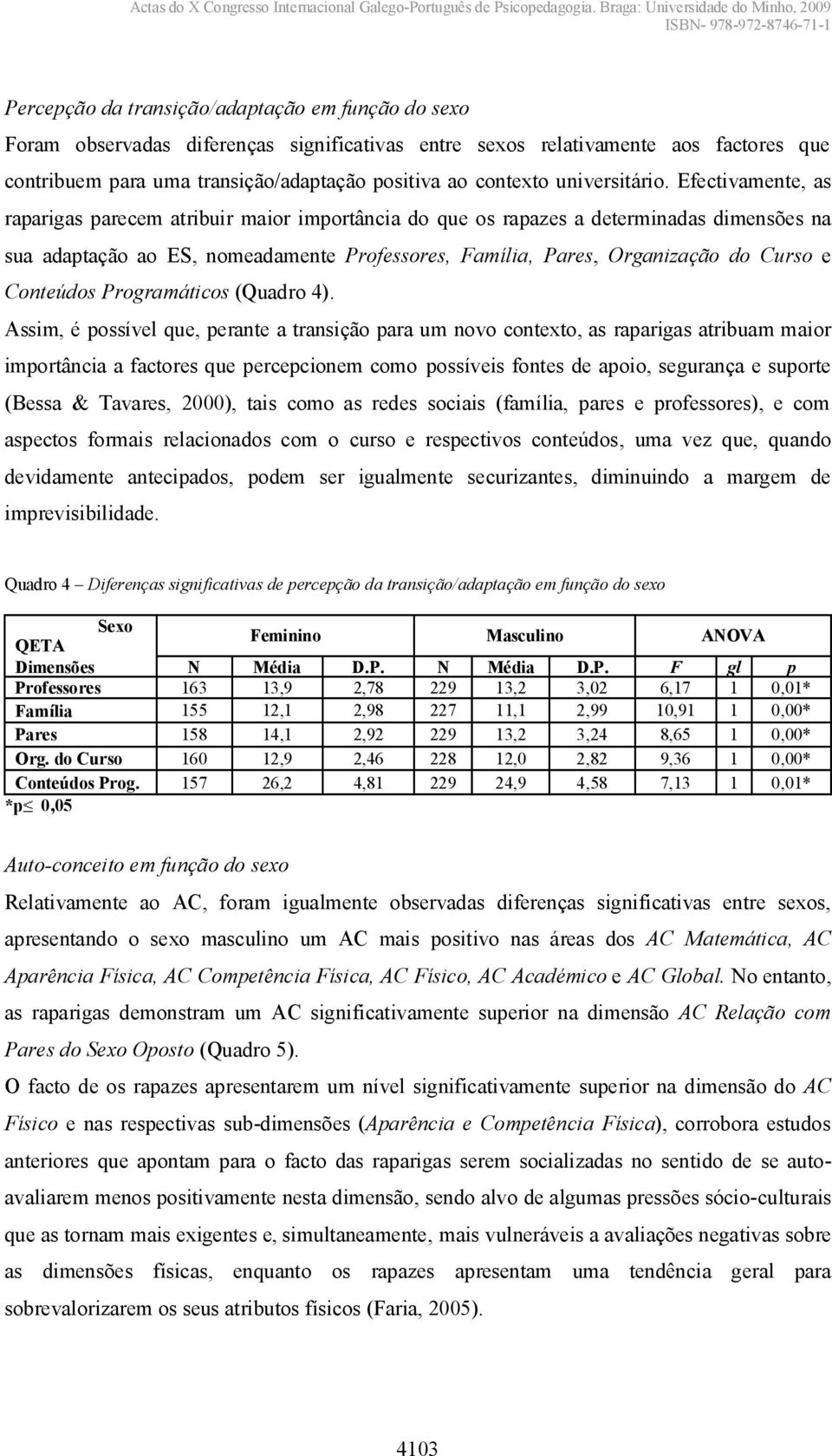 Efectivamente, as raparigas parecem atribuir maior importância do que os rapazes a determinadas dimensões na sua adaptação ao ES, nomeadamente Professores, Família, Pares, Organização do Curso e