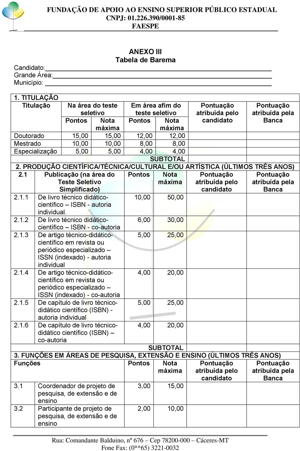 Mestrado 10,00 10,00 8,00 8,00 Especialização 5,00 5,00 4,00 4,00 SUBTOTAL 2. PRODUÇÃO CIENTÍFICA/TÉCNICA/CULTURAL E/OU ARTÍSTICA (ÚLTIMOS TRÊS ANOS) 2.