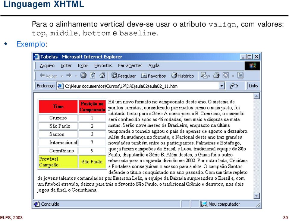 com valores: top, middle,