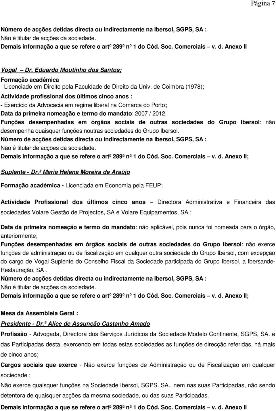 de Coimbra (1978); Actividade profissional dos últimos cinco anos : - Exercício da Advocacia em regime liberal na Comarca do Porto; Data da primeira nomeação e termo do mandato: 2007 / 2012.