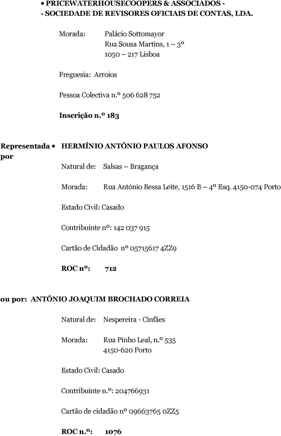 º 183 Representada HERMÍNIO ANTÓNIO PAULOS AFONSO por Natural de: Salsas Bragança Morada: Rua António Bessa Leite, 1516 B 4º Esq.