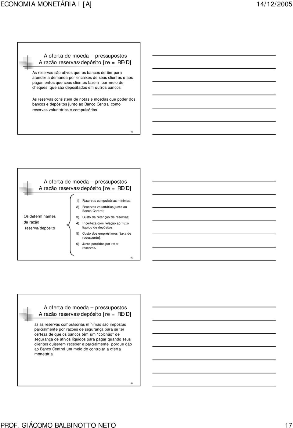 49 A razão reservas/depósito [re = RE/D] Os determinantes da razão reserva/depósito 1) Reservas compulsórias mínimas; 2) Reservas voluntárias junto ao Banco Central; 3) Custo da retenção de reservas;