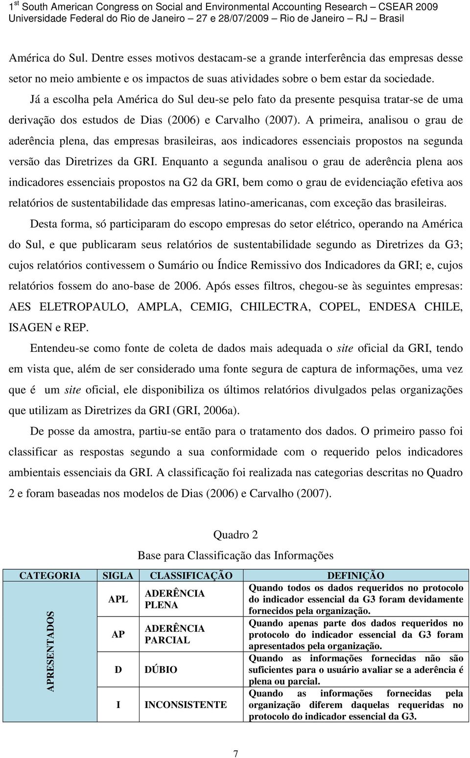 A primeira, analisou o grau de aderência plena, das empresas brasileiras, aos indicadores essenciais propostos na segunda versão das Diretrizes da GRI.