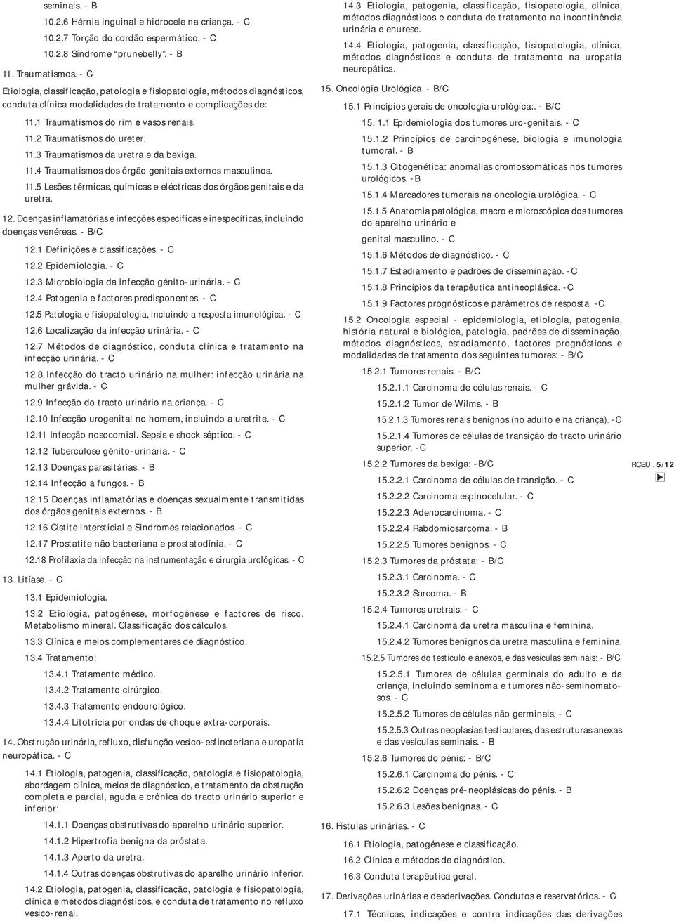 11.3 Traumatismos da uretra e da bexiga. 11.4 Traumatismos dos órgão genitais externos masculinos. 11.5 Lesões térmicas, químicas e eléctricas dos órgãos genitais e da uretra. 12.