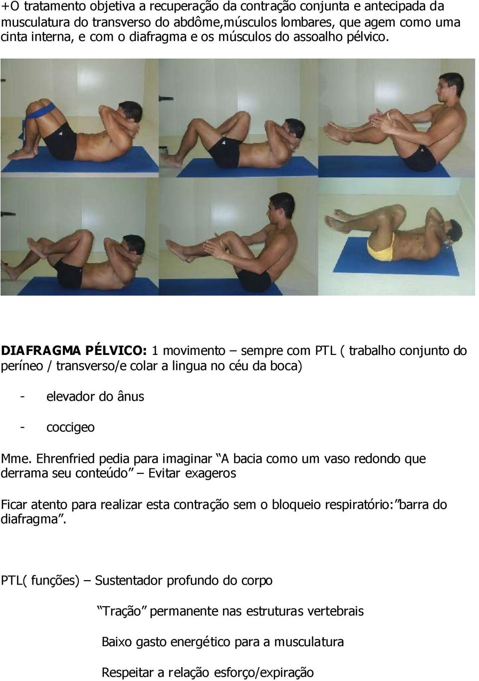 DIAFRAGMA PÉLVICO: 1 movimento sempre com PTL ( trabalho conjunto do períneo / transverso/e colar a lingua no céu da boca) - elevador do ânus - coccigeo Mme.