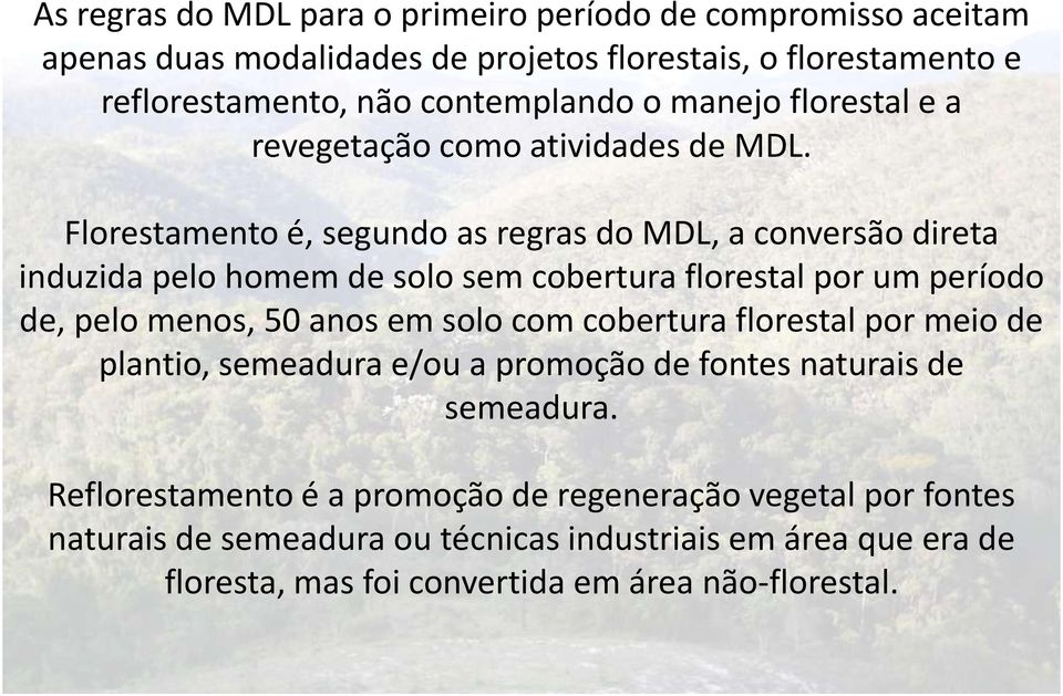 Florestamento é, segundo as regras do MDL, a conversão direta induzida pelo homem de solo sem cobertura florestal por um período de, pelo menos, 50 anos em solo com