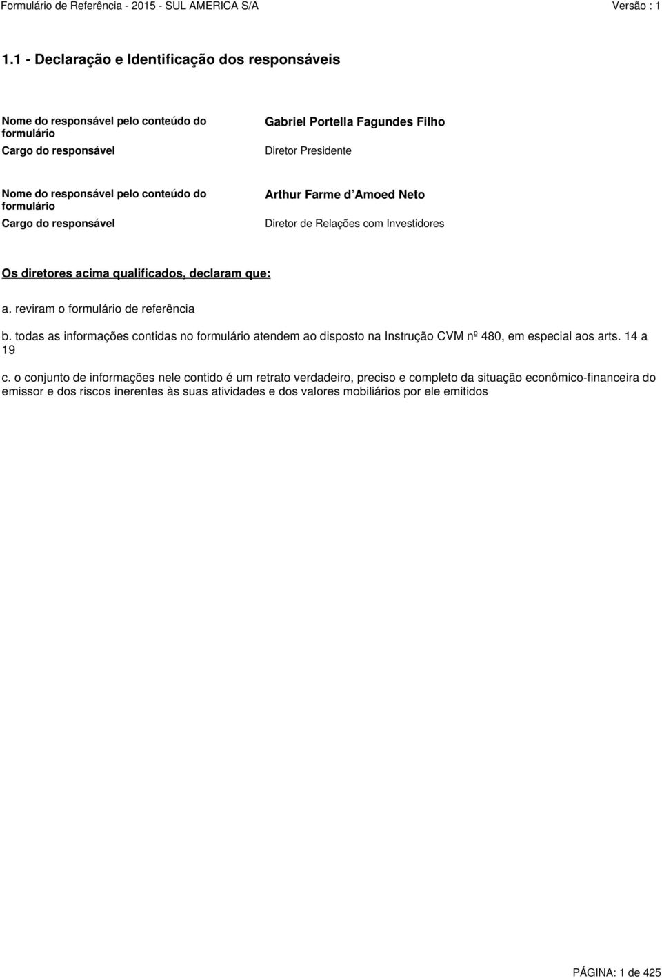 reviram o formulário de referência b. todas as informações contidas no formulário atendem ao disposto na Instrução CVM nº 480, em especial aos arts. 14 a 19 c.