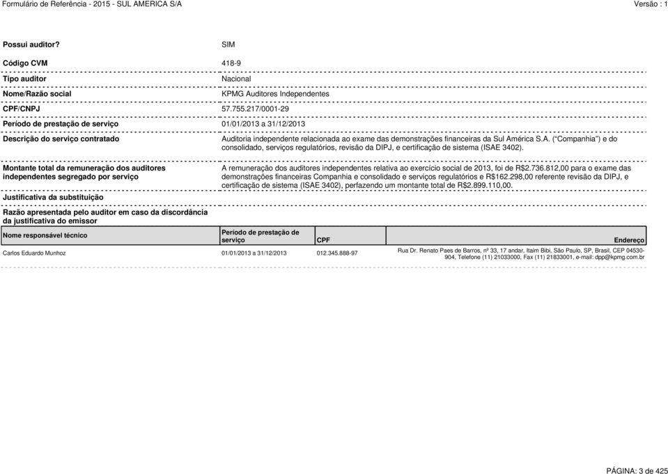 substituição Auditoria independente relacionada ao exame das demonstrações financeiras da Sul América S.A. ( Companhia ) e do consolidado, serviços regulatórios, revisão da DIPJ, e certificação de sistema (ISAE 3402).