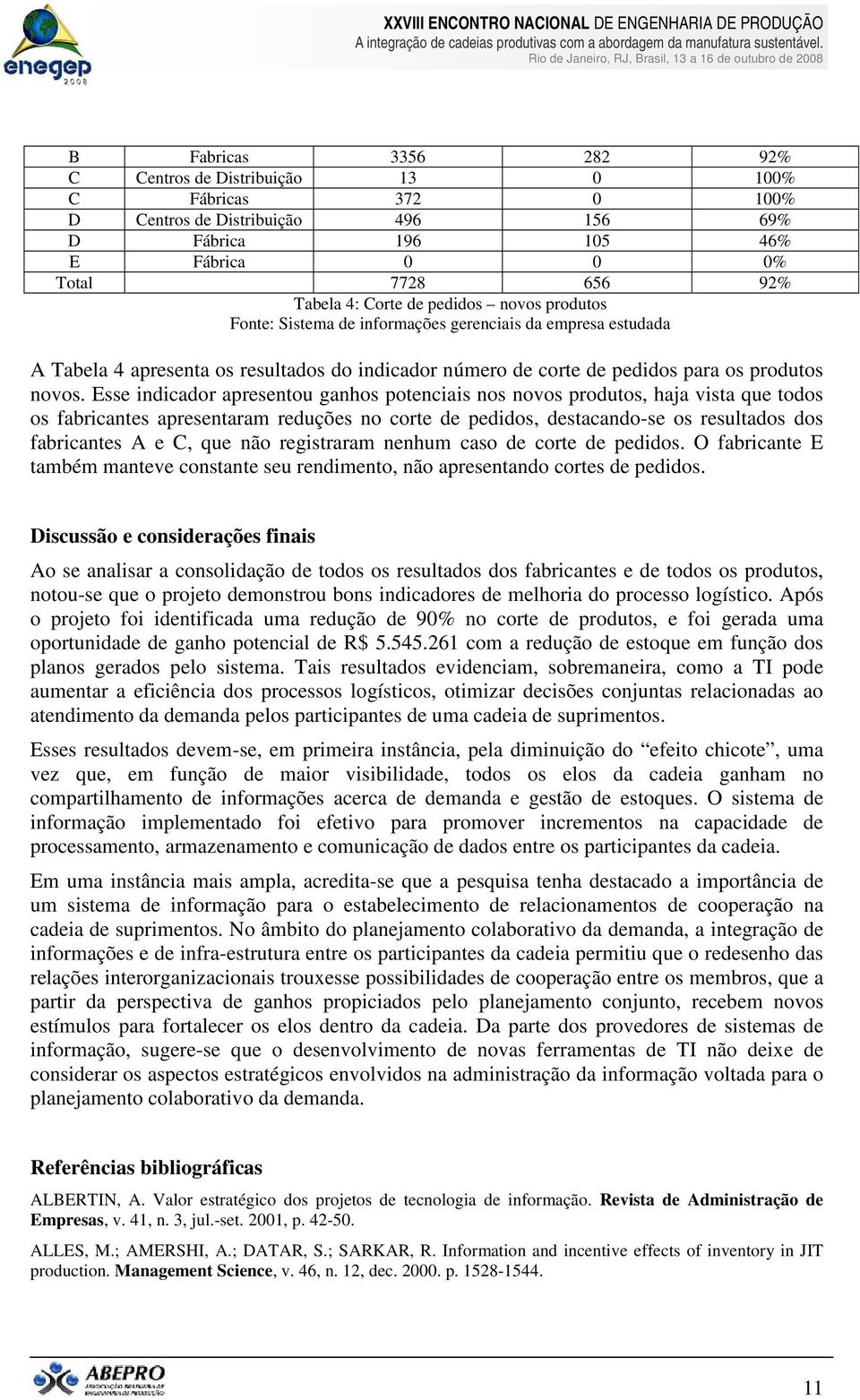 Esse indicador apresentou ganhos potenciais nos novos produtos, haja vista que todos os fabricantes apresentaram reduções no corte de pedidos, destacando-se os resultados dos fabricantes A e C, que