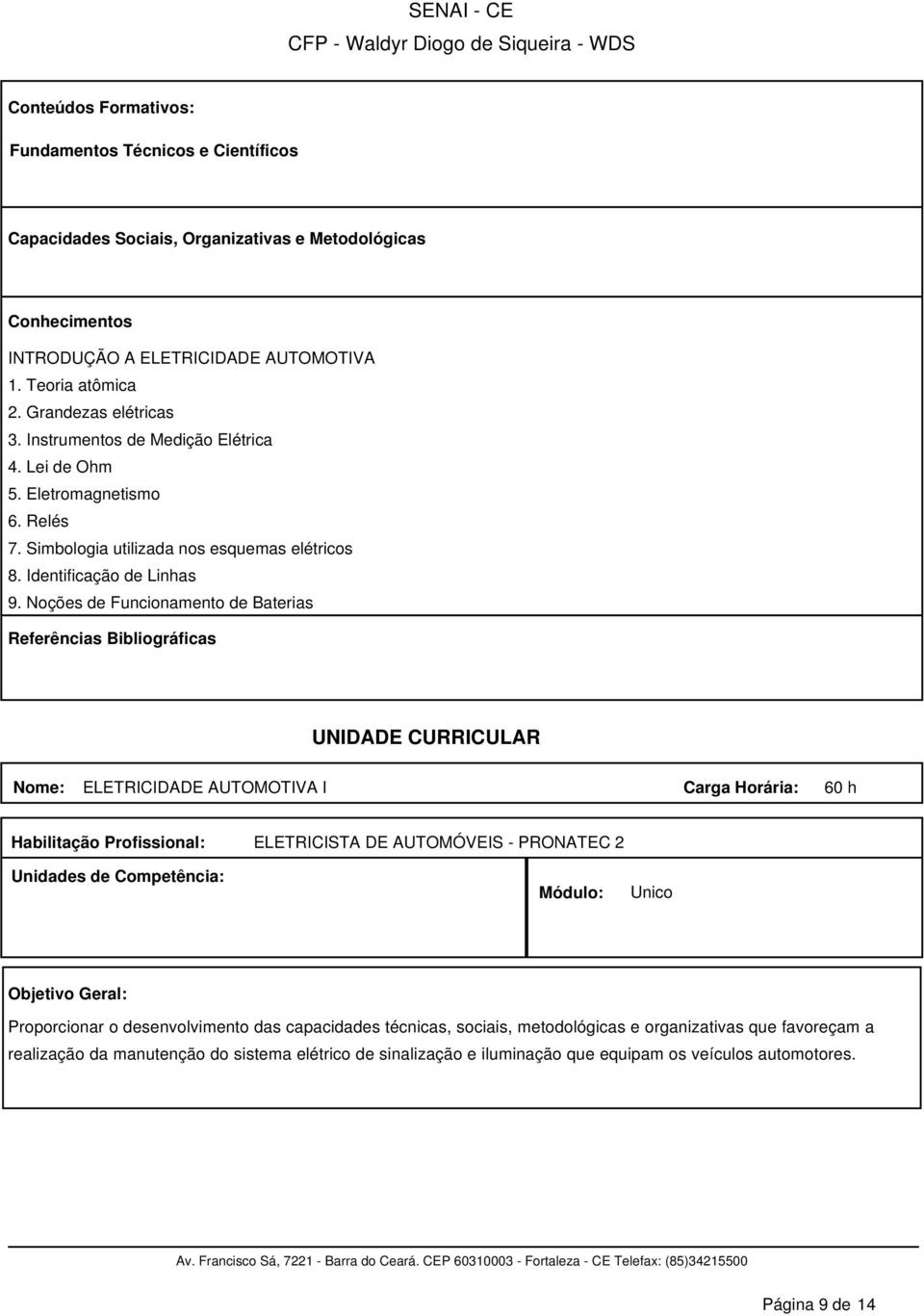 Noções de Funcionamento de Baterias Referências Bibliográficas UNIDADE CURRICULAR Nome: Carga Horária: 60 h Habilitação Profissional: ELETRICISTA DE AUTOMÓVEIS - PRONATEC 2 Unidades de