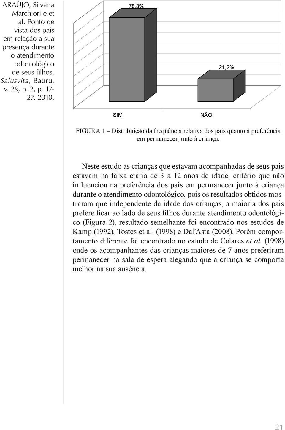 durante, pois os resultados obtidos mostraram que independente da idade das crianças, a maioria dos pais prefere ficar ao lado de seus filhos durante atendimento (Figura 2), resultado semelhante foi