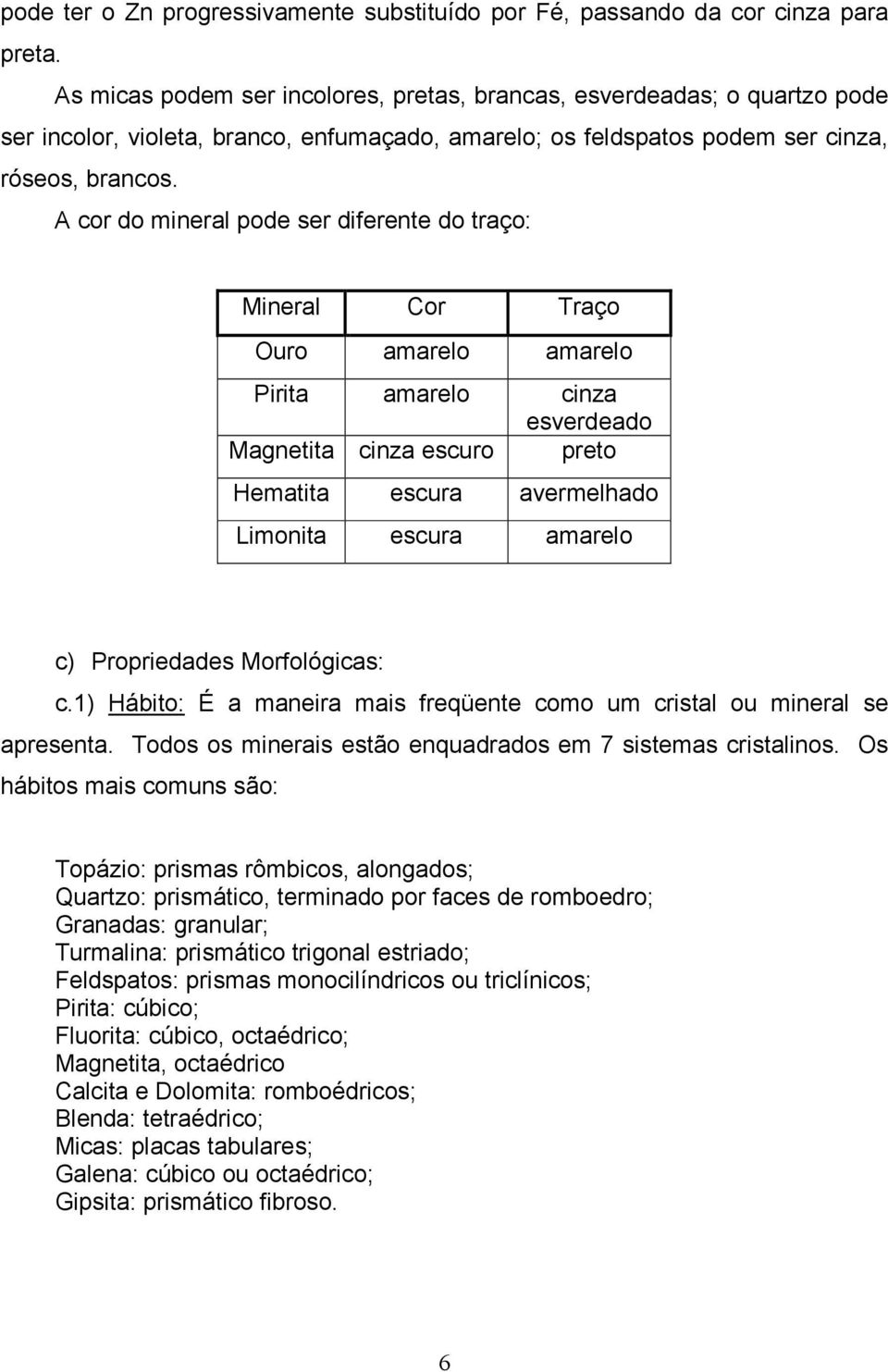 A cor do mineral pode ser diferente do traço: Mineral Cor Traço Ouro amarelo amarelo Pirita amarelo cinza esverdeado Magnetita cinza escuro preto Hematita escura avermelhado Limonita escura amarelo