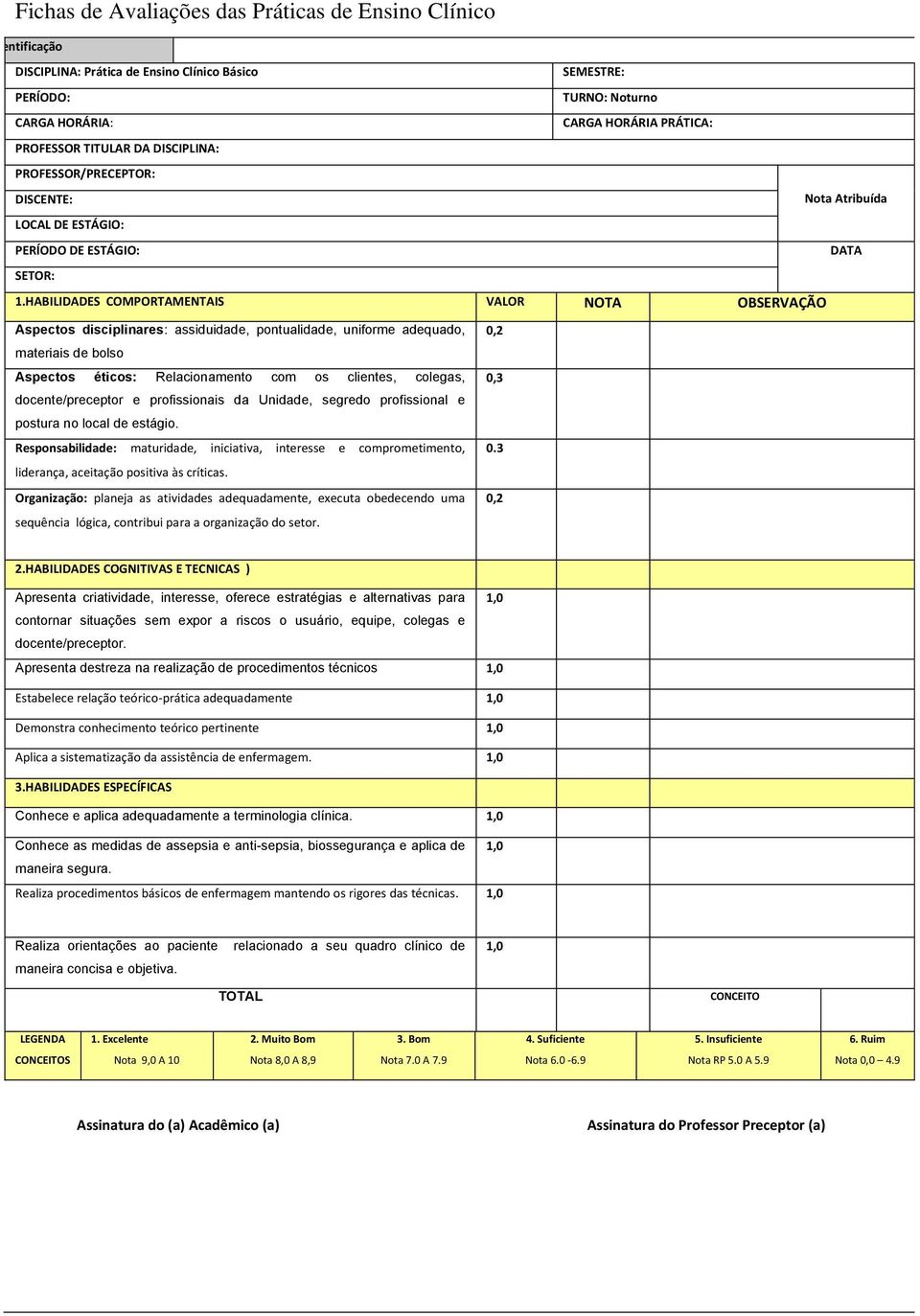 docente/preceptor e profissionais da Unidade, segredo profissional e postura no local de estágio.