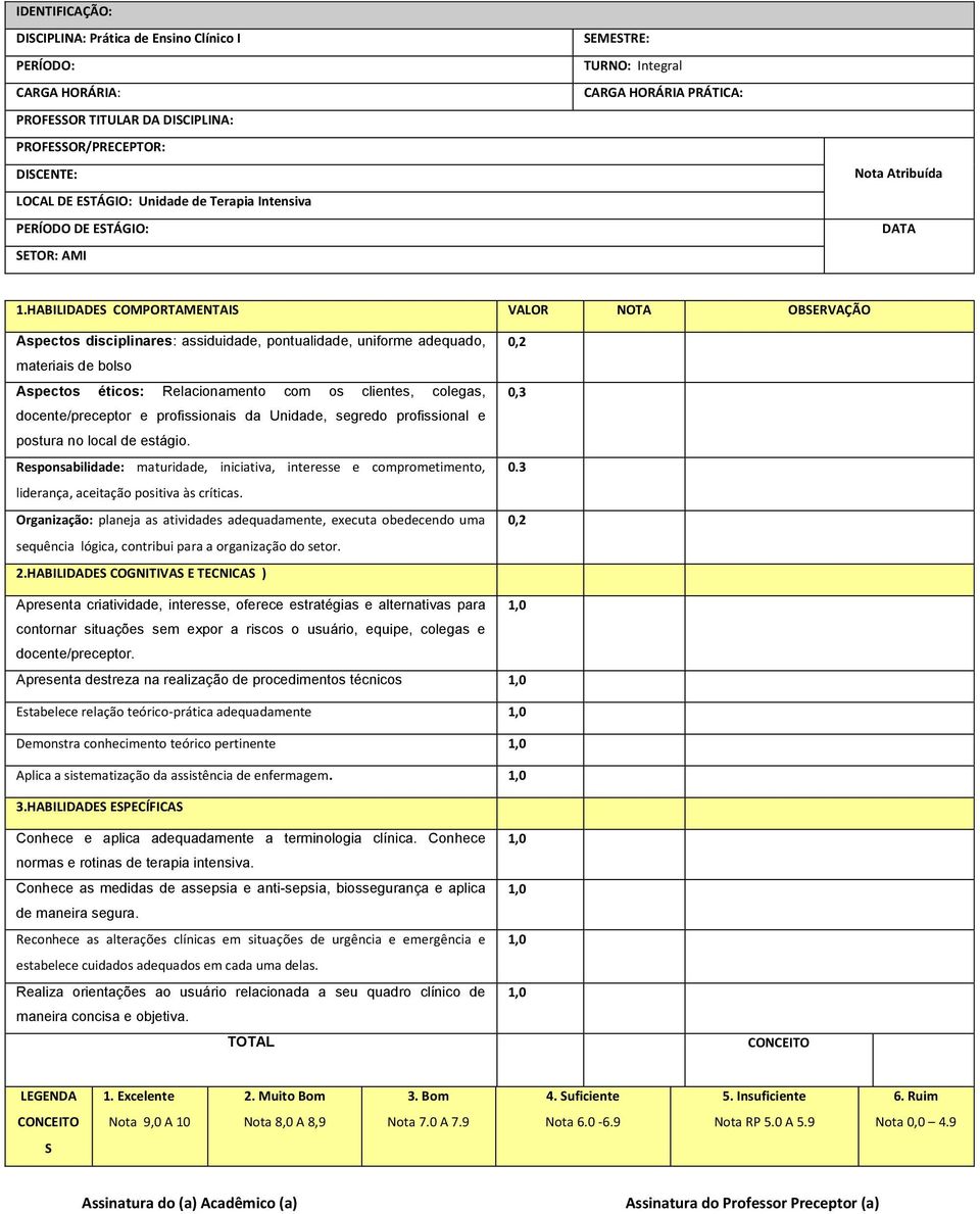 docente/preceptor e profissionais da Unidade, segredo profissional e postura no local de estágio.