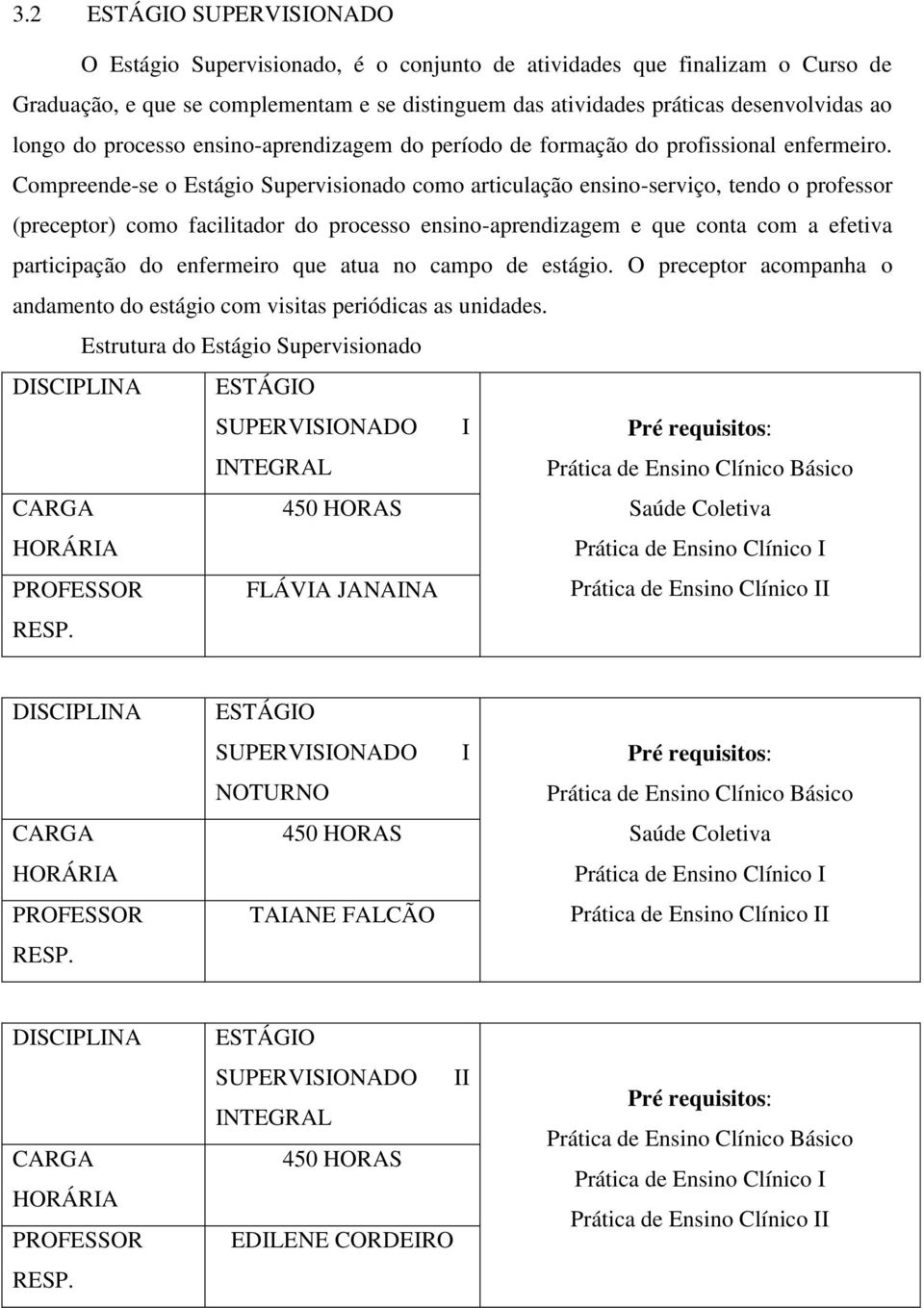 Compreende-se o Estágio Supervisionado como articulação ensino-serviço, tendo o professor (preceptor) como facilitador do processo ensino-aprendizagem e que conta com a efetiva participação do