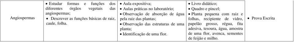 Aula expositiva; Observação de absorção de água pela raiz das plantas; Observação das estruturas de uma