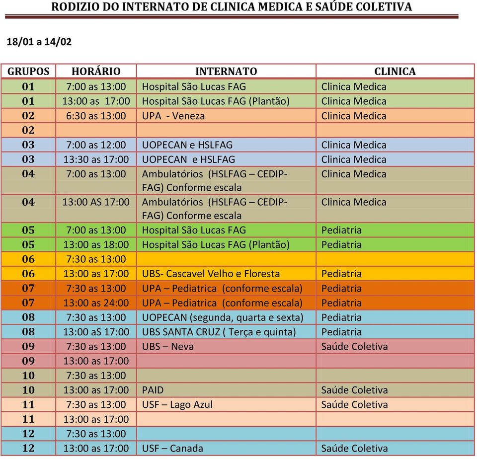 Medica 05 7:00 as 13:00 Hospital São Lucas FAG Pediatria 05 13:00 as 18:00 Hospital São Lucas FAG (Plantão) Pediatria 06 7:30 as 13:00 06 13:00 as 17:00 UBS- Cascavel Velho e Floresta Pediatria 07