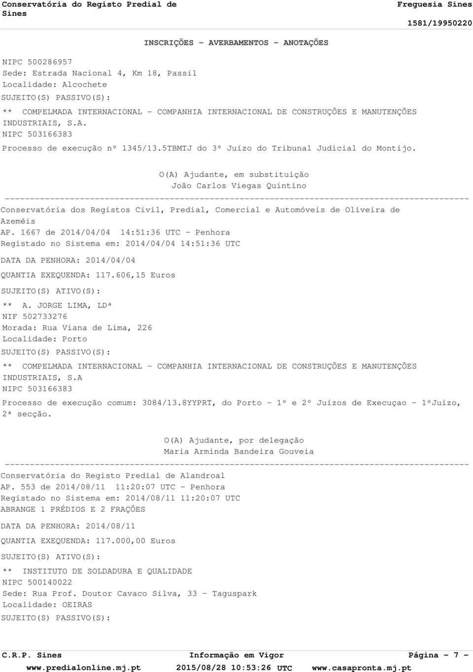 1667 de 2014/04/04 14:51:36 UTC - Penhora Registado no Sistema em: 2014/04/04 14:51:36 UTC DATA DA PENHORA: 2014/04/04 QUANTIA EXEQUENDA: 117.606,15 Euros ** A.