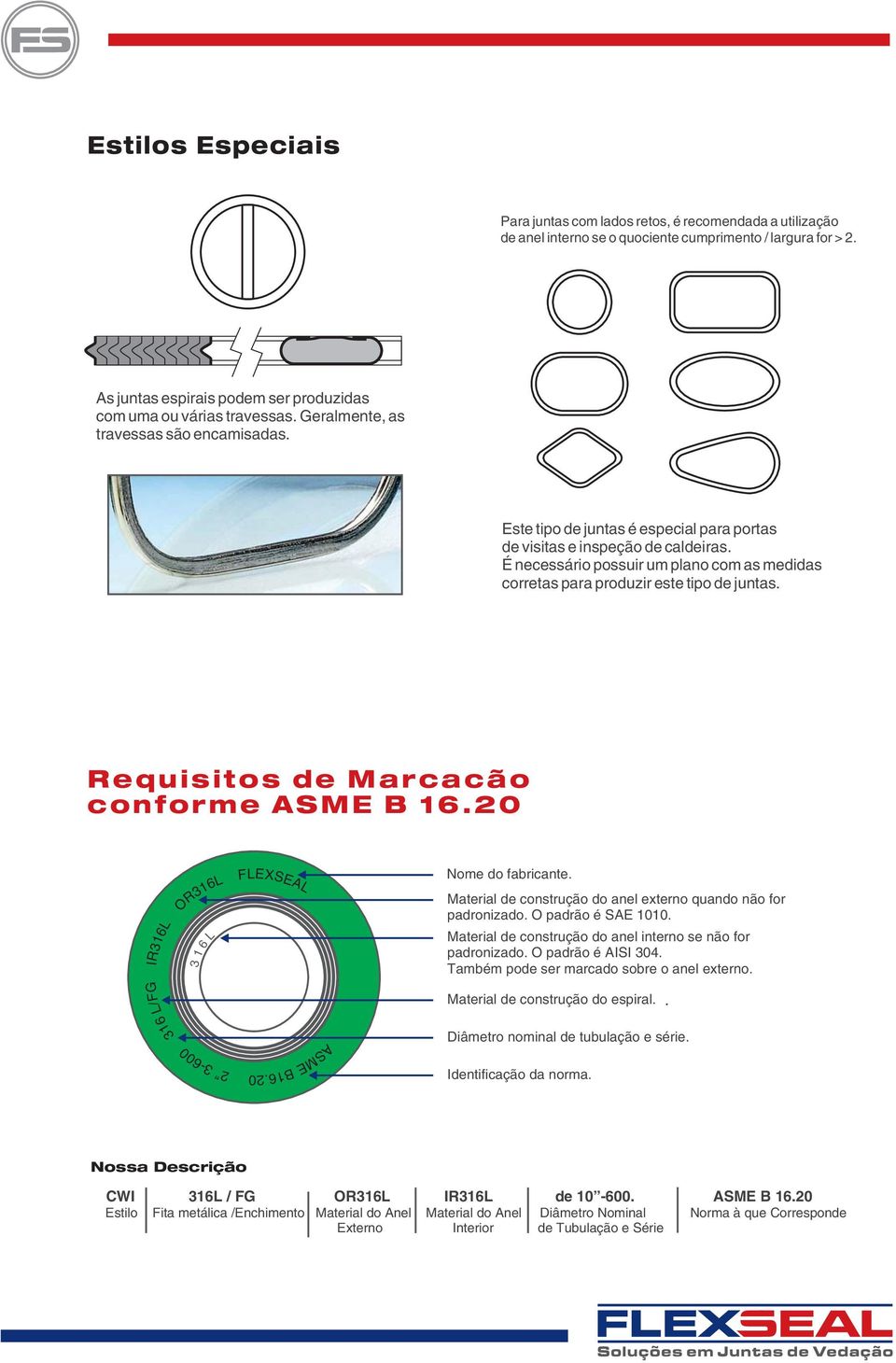 É necessário possuir um plano com as medidas corretas para produzir este tipo de juntas. Requisitos de Marcacão conforme ASME B 16.20 IR316L OR316L 3 1 6 L FLEXSEAL Nome do fabricante.