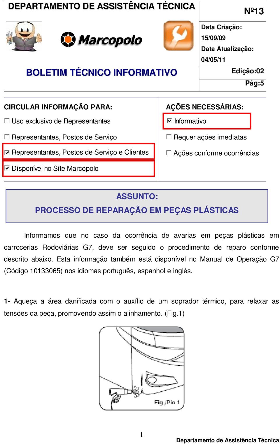 PROCESSO DE REPARAÇÃO EM PEÇAS PLÁSTICAS Informamos que no caso da ocorrência de avarias em peças plásticas em carrocerias Rodoviárias G7, deve ser seguido o procedimento de reparo conforme descrito