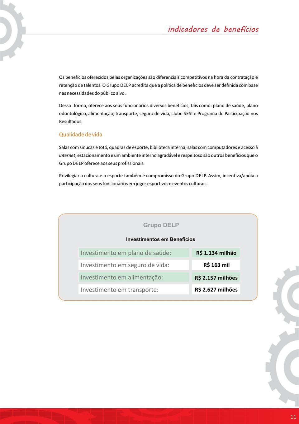 Dessa forma, oferece aos seus funcionários diversos benefícios, tais como: plano de saúde, plano odontológico, alimentação, transporte, seguro de vida, clube SESI e Programa de Participação nos