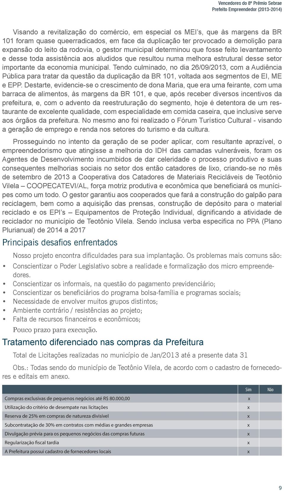 desse setor importante da economia municipal. Tendo culminado, no dia 26/09/2013, com a Audiência Pública para tratar da questão da duplicação da BR 101, voltada aos segmentos de EI, ME e EPP.