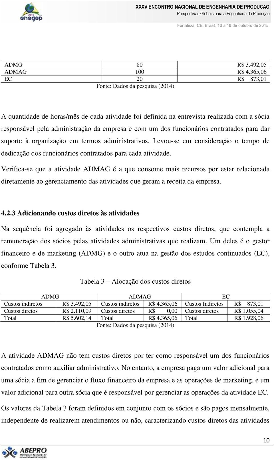 dos funcionários contratados para dar suporte à organização em termos administrativos. Levou-se em consideração o tempo de dedicação dos funcionários contratados para cada atividade.