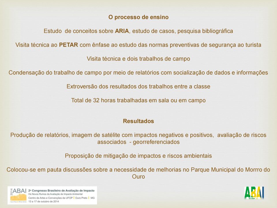 trabalhos entre a classe Total de 32 horas trabalhadas em sala ou em campo Resultados Produção de relatórios, imagem de satélite com impactos negativos e positivos, avaliação de