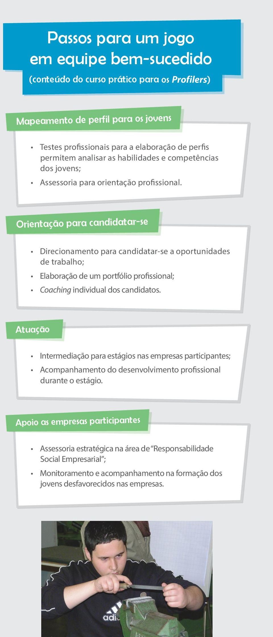 Orientação para candidatar-se Direcionamento para candidatar-se a oportunidades de trabalho; Elaboração de um portfólio profissional; Coaching individual dos candidatos.