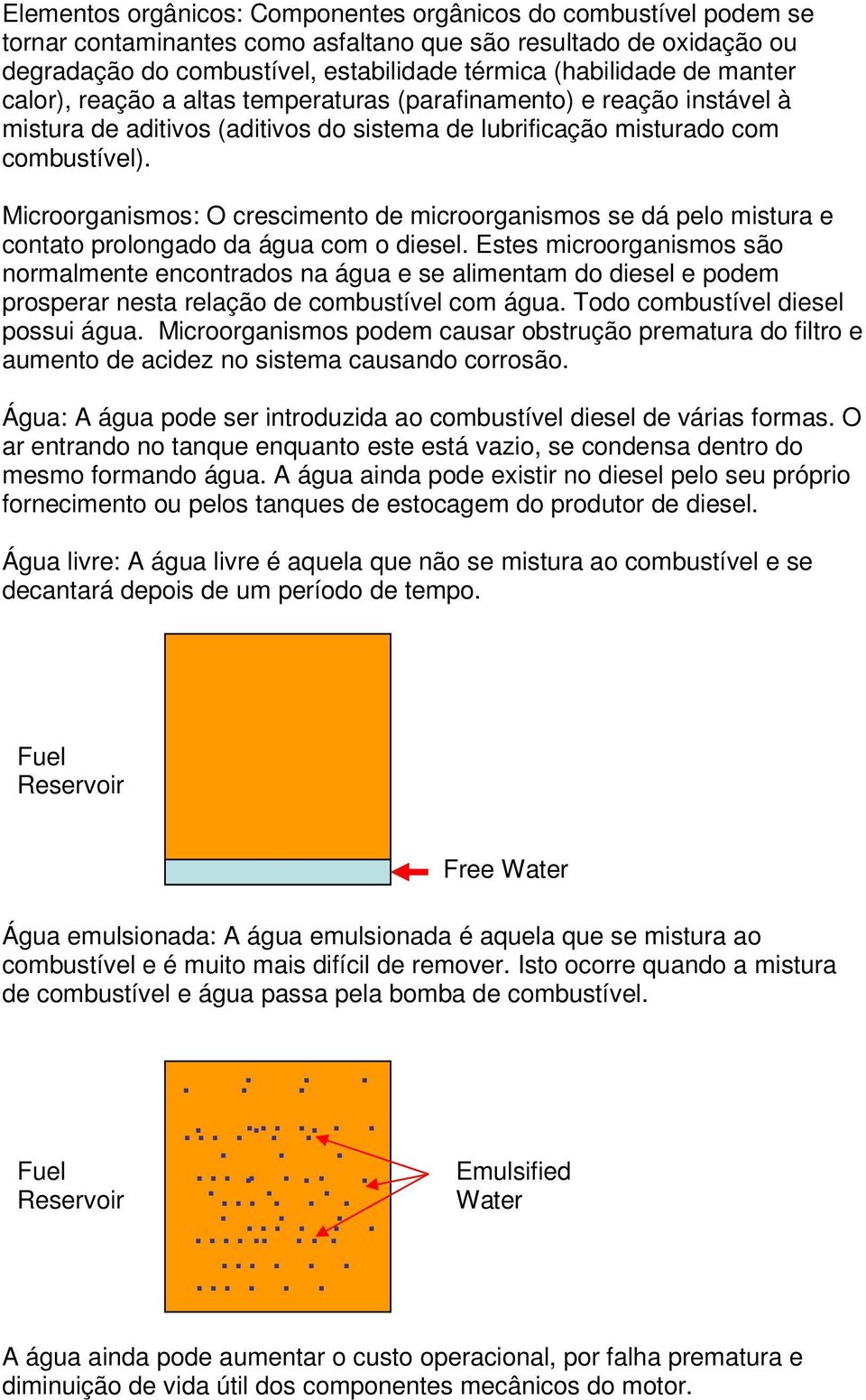 Microorganismos: O crescimento de microorganismos se dá pelo mistura e contato prolongado da água com o diesel.