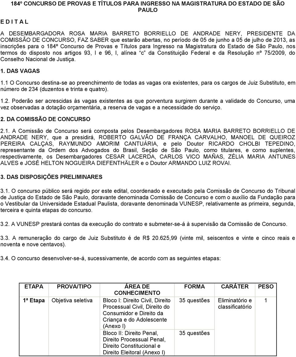 do disposto nos artigos 93, I e 96, I, alínea c da Constituição Federal e da Resolução nº 75/2009, do Conselho Nacional de Justiça. 1. DAS VAGAS 1.