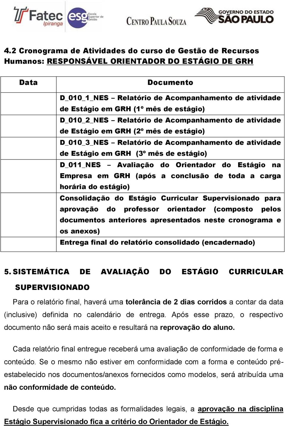 D_011_NES Avaliação do Orientador do Estágio na Empresa em GRH (após a conclusão de toda a carga horária do estágio) Consolidação do Estágio Curricular Supervisionado para aprovação do professor