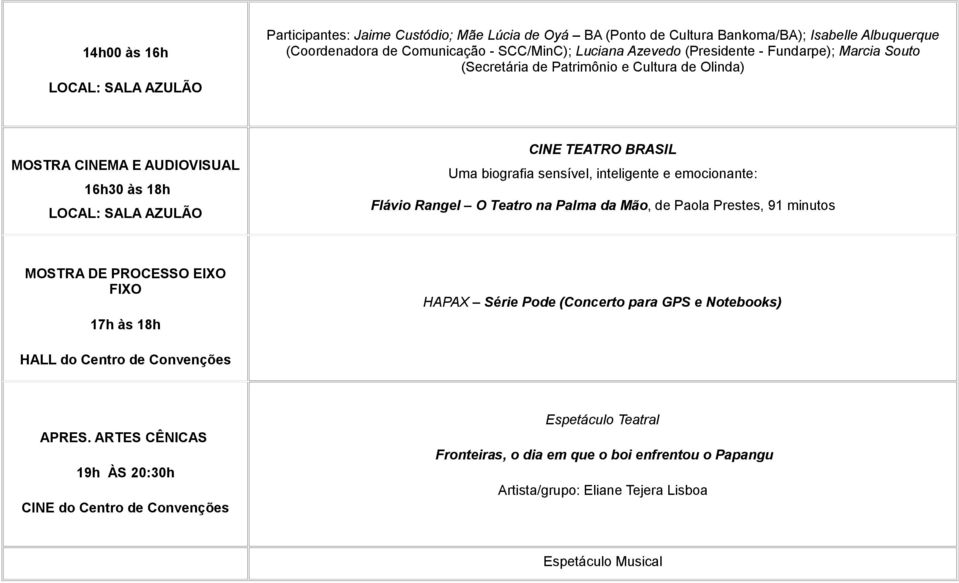 e emocionante: Flávio Rangel O Teatro na Palma da Mão, de Paola Prestes, 91 minutos MOSTRA DE PROCESSO EIXO FIXO 17h às 18h HAPAX Série Pode (Concerto para GPS e Notebooks) HALL do