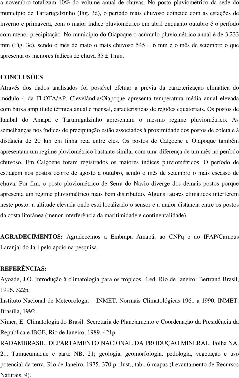 No município do Oiapoque o acúmulo pluviométrico anual é de 3.233 mm (Fig. 3e), sendo o mês de maio o mais chuvoso 545 ± 6 mm e o mês de setembro o que apresenta os menores índices de chuva 35 ± 1mm.