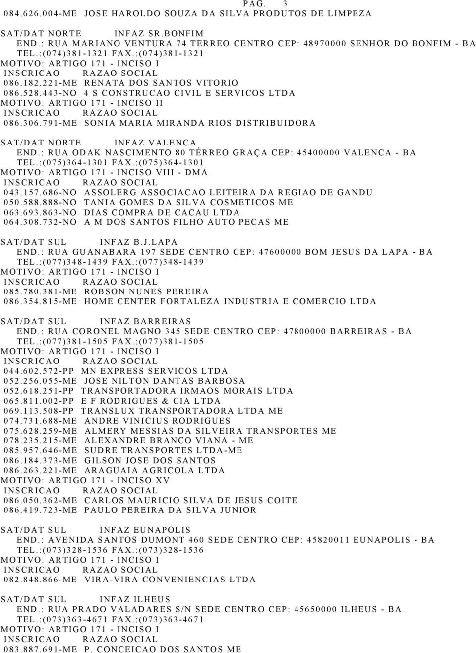 791-ME SONIA MARIA MIRANDA RIOS DISTRIBUIDORA SAT/DAT NORTE INFAZ VALENCA END.: RUA ODAK NASCIMENTO 80 TÉRREO GRAÇA CEP: 45400000 VALENCA - BA TEL.:(075)364-1301 FAX.:(075)364-1301 043.157.