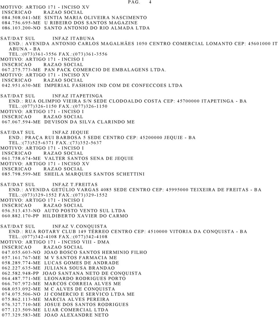 630-ME IMPERIAL FASHION IND COM DE CONFECCOES LTDA SAT/DAT SUL INFAZ ITAPETINGA END.: RUA OLIMPIO VIEIRA S/N SEDE CLODOALDO COSTA CEP: 45700000 ITAPETINGA - BA TEL.:(077)326-1150 FAX.